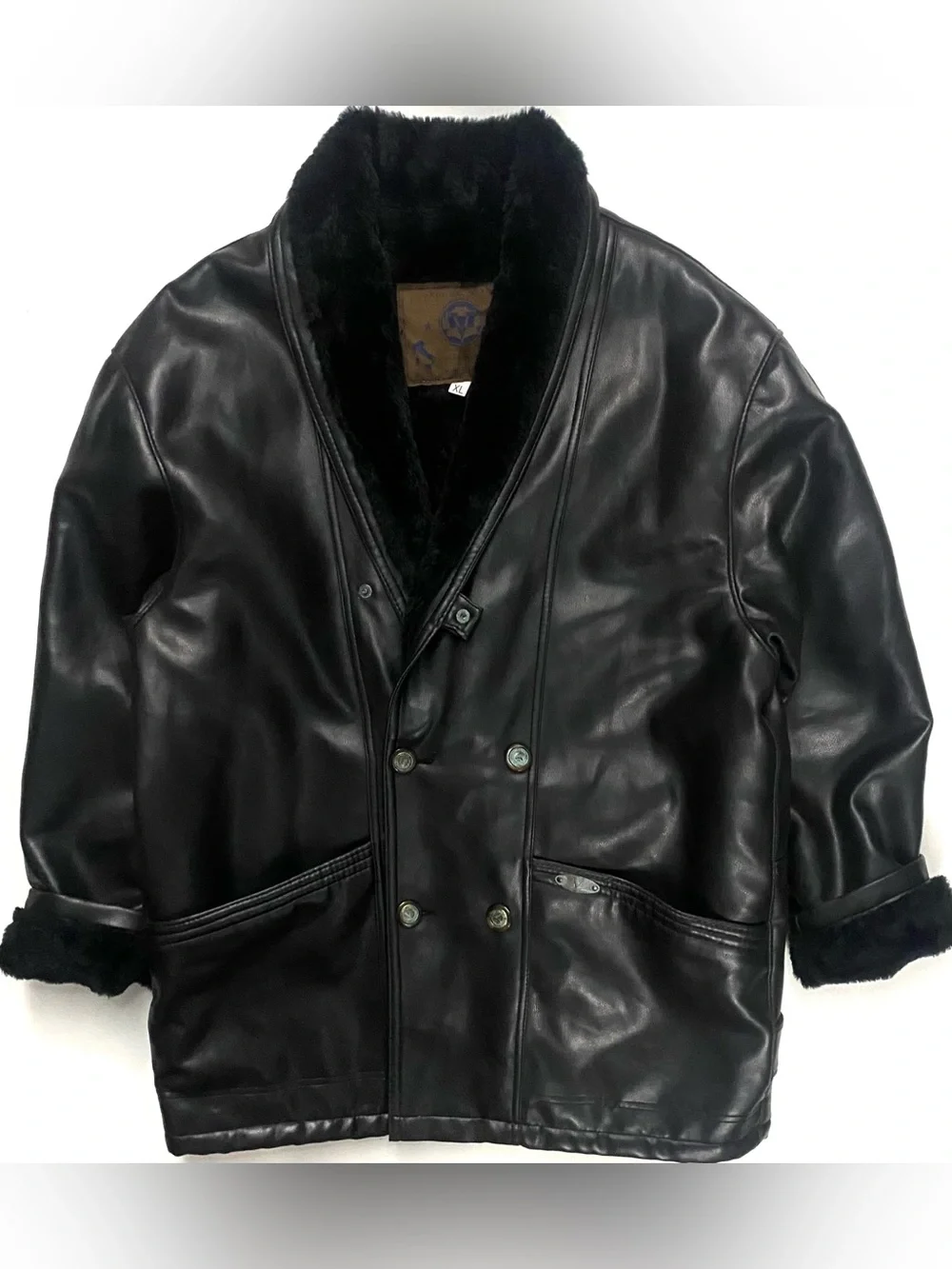 Vintage Marlboro Man Black Leather Suede Shearling Jacket Coat Made In Italy XL